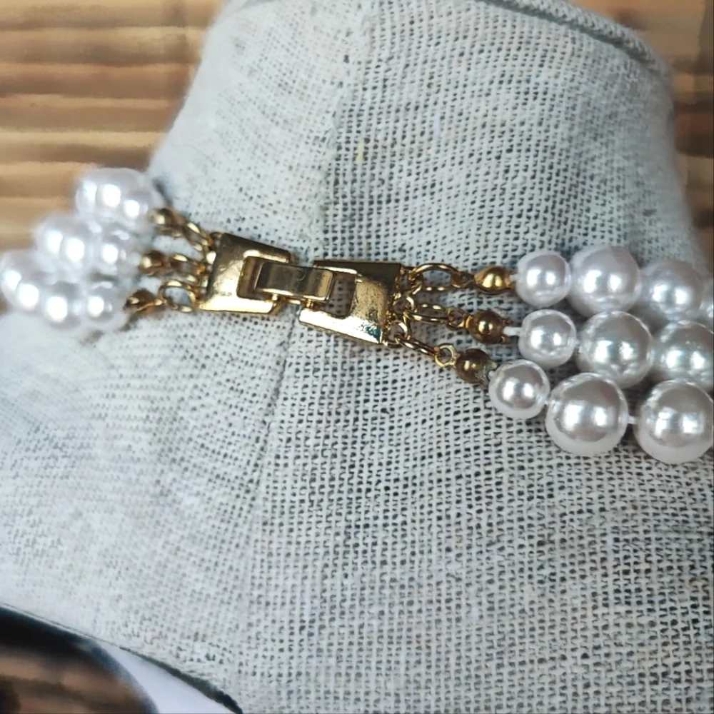 Three 3 Strand Faux Pearl Gold Tone Collar Bib Necklace Clear Rhinestones EUC